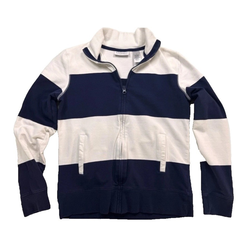Villager Liz Claiborne Jacket Womens M Navy White Stripe Coastal Grandma Full Zi